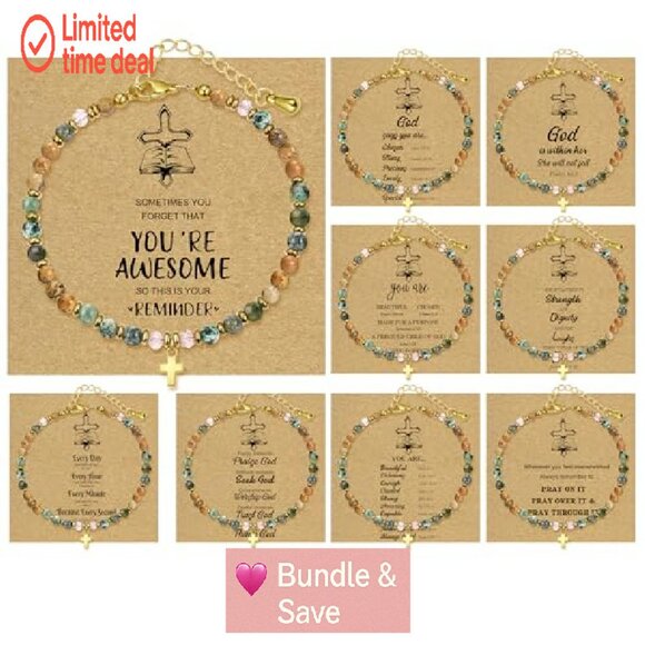 9PC Cross Bracelet Set Adjustable Natural Stone Beaded Faith Jewelry - Picture 2 of 8